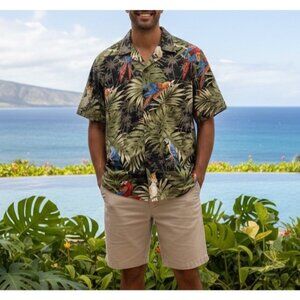 Vintage RJC Multicolor Tropical Parrots Palm Trees HAWAIIAN SHIRT Mens Sz S USA